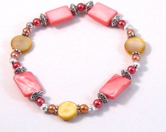 Coral & Sunshine Yellow Shell and Silver Stretch Bracelet, Coral jewelry, Yellow Jewelry, Summer Jewelry, Birthday Gifts