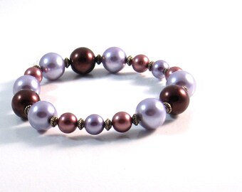 Purple & Dark Brown Pearl Antique Brass Stretch Bracelet, Purple Jewelry, Lavender Jewelry, Brown Jewelry, Bridesmaids Jewelry, Fashion