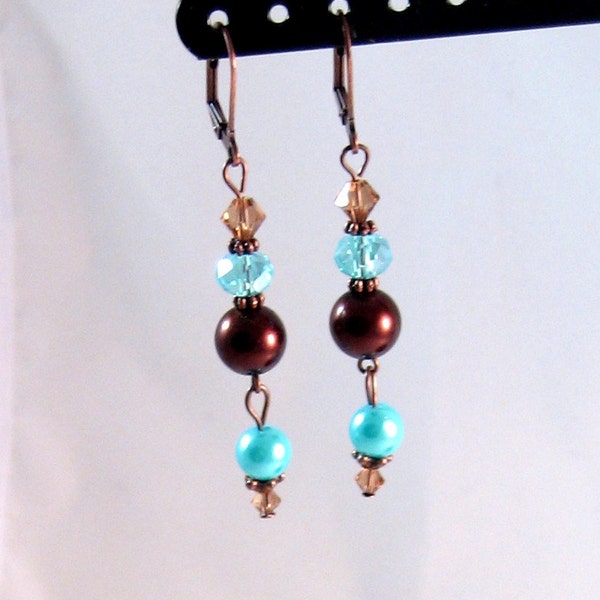 Teal, Copper and Brown Pearl & Swarovski Crystal Dangle Earrings, Aqua Jewelry, Brown Jewelry, Copper Jewelry, Chocolate, Topaz