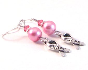 Pink Crystal & Pearl, Hope Ribbon "Breast Cancer Awareness" Dangle Earrings, BCA Style 11, Pink Jewelry, Pink Earrings, Womens Fashion