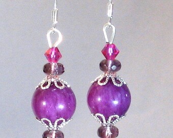 Fuchsia Jade, Crystal & Silver Drop Earrings, Purple Jewelry, Pink Jewelry, Purple Earrings, Pink Earrings, Gifts for Women, Summer