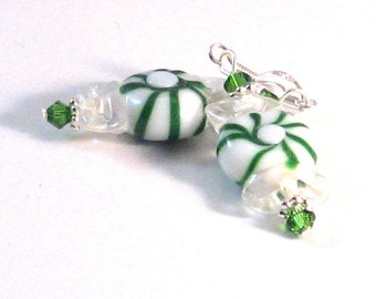 Bright Green & White Lampwork Glass Peppermint Swirl Candy and Swarovski Crystal Earrings, Candy Jewelry, Christmas Candy, Christmas Gifts