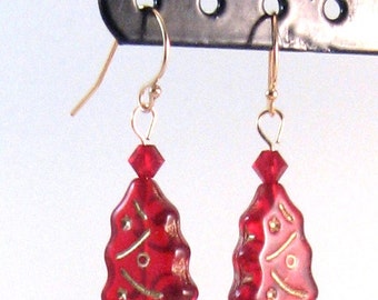 Red Glass & Swarovski Crystal and 14K Gold Christmas Tree Earrings, Red Jewelry, Christmas Tree Jewelry, Christmas Jewelry, Christmas