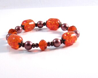 Orange Crackle Lucite, Czech Crystal, Pearl & Copper Stretch Bracelet, Orange Jewelry, Copper Jewelry, Fall Jewelry, Bridesmaids Jewelry