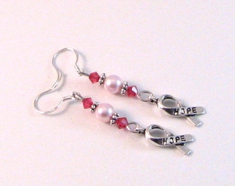 Indian Pink Swarovski Crystals, Pink Pearl & Hope Ribbon "Breast Cancer Awareness" Dangle Earrings, BCA Style 15, Pink Jewelry