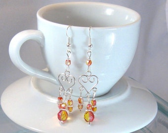 Topaz & Pink Crystal and Sterling Silver Heart-Shaped Chandelier Earrings, Hearts, Birthday Gifts, Gifts for Grads, Bridesmaids Jewelry