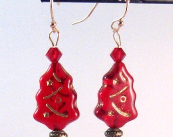Red Glass & Swarovski Crystal, Antique Brass and 14K Gold Christmas Tree Earrings, Christmas Tree Jewelry, Christmas Jewelry