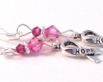 Rose Pink Swarovski Crystals & Hope Ribbon "Breast Cancer Awareness" Dangle Earrings, BCA Style 8, Pink Jewelry, Pink Earrings