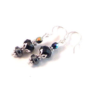 Black AB Czech Crystal, Hematite & Silver Filigree Earrings, Black Jewelry, Holiday Jewelry, Womens Fashion, Bridesmaids Jewelry
