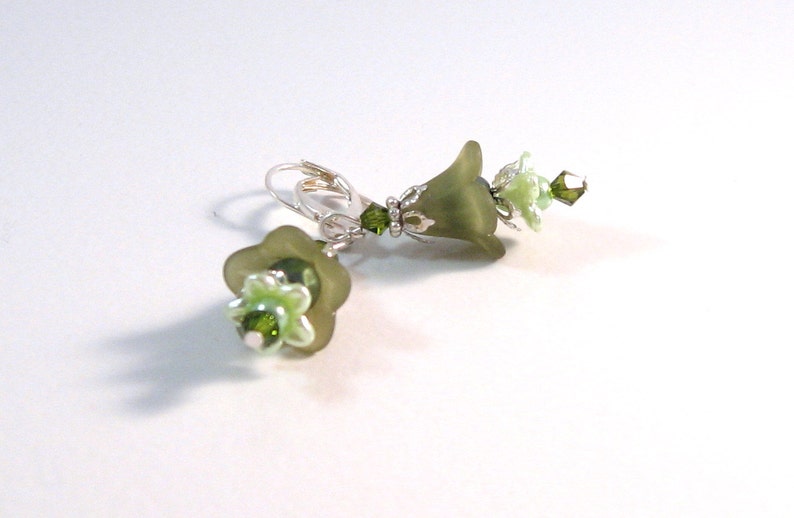 Olive & Pale Green Silver Fairy Flower Earrings, Green Jewelry, Flower Jewelry, Silver jewelry, Bridesmaids Jewelry, Womens Fashion image 1