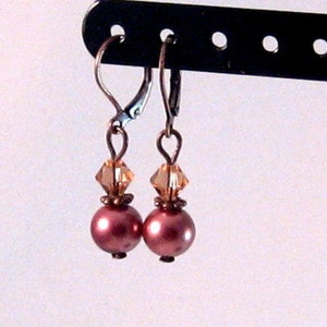 Copper Pearl & Topaz Swarovski Crystal Dangle Earrings, Copper Jewelry, Topaz Crystal Jewelry,  Fall Jewelry, Womens Fashion, Christmas