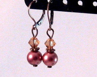 Copper Pearl & Topaz Swarovski Crystal Dangle Earrings, Copper Jewelry, Topaz Crystal Jewelry,  Fall Jewelry, Womens Fashion, Christmas
