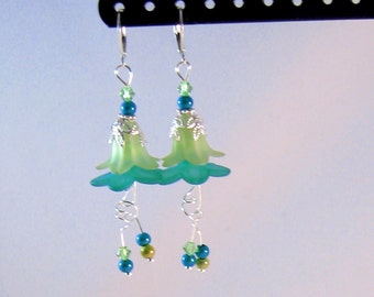 Lime Green, Aqua Blue & Silver Dangle "Fairy" Flower Earrings, Lime Green Jewelry, Aqua Blue Jewelry, Flower Jewelry, Fairy Jewelry,