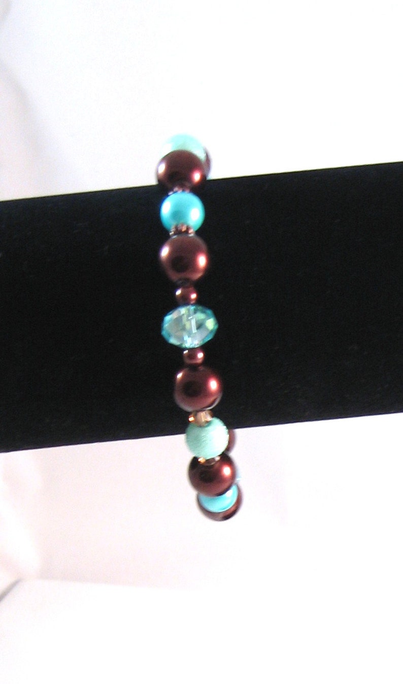 Teal, Copper and Brown Pearl & Swarovski Crystal Stretch Bracelet, Aqua Jewelry, Brown Jewelry, Copper Jewelry, Chocolate, Topaz image 4