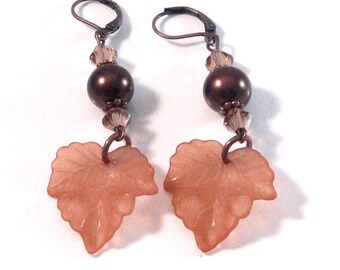 Copper Lucite Maple Leaf, Pearl & Swarovski Crystal Dangle Earrings, Leaf Jewelry, Copper Jewelry, Fall Jewelry, Womens Fashion