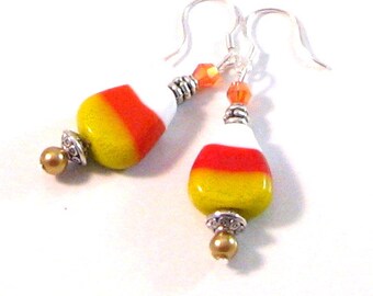 Candy Corn Lampwork Glass, Swarovski Crystal & Pearl Earrings, Candy Jewelry, Halloween, Fall Jewelry, Fall Earrings, Fall Fashion