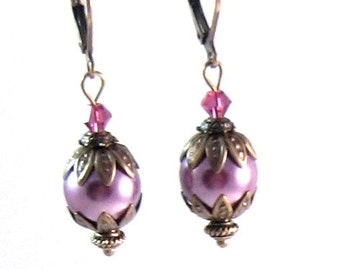 Fuchsia Pearl & Swarovski Crystal Dangle Earrings, Downton Abbey Collection, Vintage Inspired, Purple jewelry, Pink Jewelry, Gifts for Her