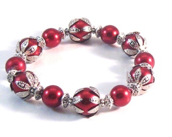 Crimson Red Pearl & Antiqued Silver Stretch Bracelet, Red Jewelry, Red Bracelet, Christmas Jewelry, Womens Fashion, Holiday Jewelry