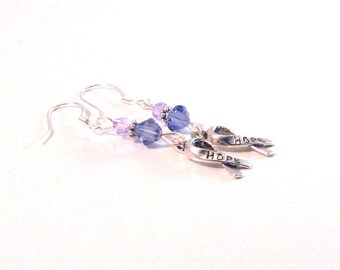 Violet Purple "Cystic Fibrosis Awareness" Hope Ribbon and Swarovski Crystal Earrings, Purple Jewelry, Hope Jewelry, Womens Fashion, CF