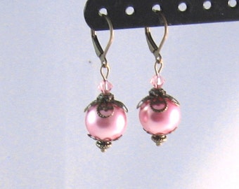 Pink Pearl, Swarovski Crystal & Antique Brass Dangle Earrings, Downton Abbey Collection, Vintage-Inspired, Pink Jewelry, Pearl Jewelry,