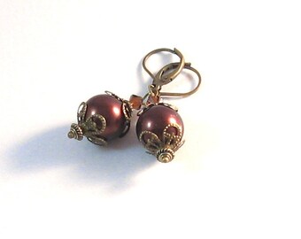 Chocolate Pearl, Swarovski Crystal & Antique Brass Dangle Earrings, Downton Abbey Collection, Vintage-Inspired, Gifts for Women