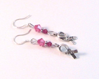 Pink Swarovski Crystal, Hope Ribbon "Breast Cancer Awareness" Dangle Earrings, BCA Style 10, Pink Jewelry, Pink Earrings