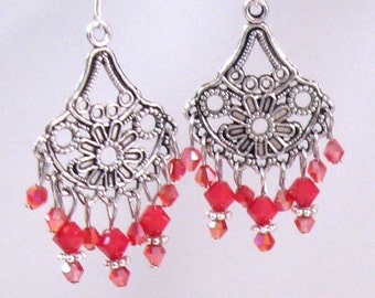 Coral Swarovski Crystal Chandelier Earrings, Coral Jewelry, Red Jewelry, Orange Jewelry, Fall Jewelry, Birthday Gifts