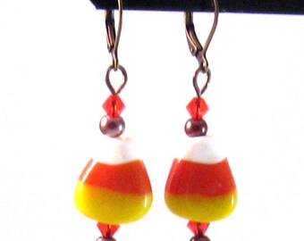 Candy Corn Lampwork Glass & Orange Swarovksi Crystal Earrings, Candy Jewelry, Orange Jewelry, Halloween, Fall Jewelry, Fall Fashion