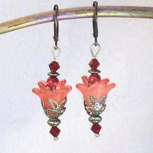 Salmon Pink Flower Antiqued Brass, Crystal & Pearl Dangle Earrings, Pink Jewelry, Salmon Jewelry, Orange Jewelry, Flower Jewelry, Flowers