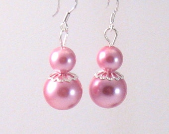 Rose Pink Pearl & Silver Filigree Earrings, Pink Jewelry, Pink Earrings, Fall Jewelry, Birthday Gifts