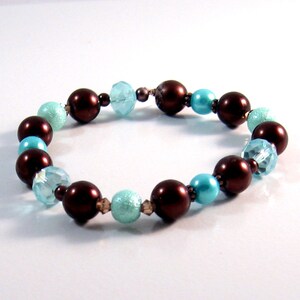 Teal, Copper and Brown Pearl & Swarovski Crystal Stretch Bracelet, Aqua Jewelry, Brown Jewelry, Copper Jewelry, Chocolate, Topaz