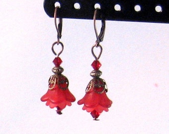 Ruby Red & Coral "fairy" Flower, Swarovski Crystal and Pearl Earrings, Red Jewelry, Flower Jewelry, Fairy Jewelry, Fall Jewelry, Christmas