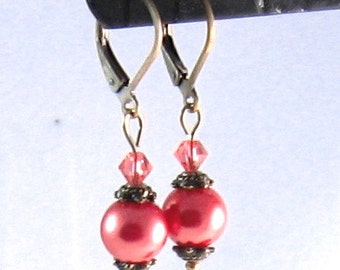 Coral Pearl and Swarovski Crystal Mini-Dangle Earrings, Downton Abbey Collection, Vintage Inspired, Coral jewelry, Orange Jewelry, Costume