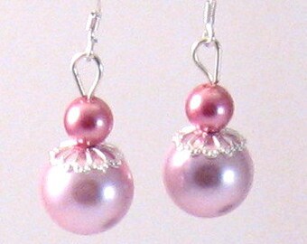 Light & Dark Rose Pink Pearl and Silver Filigree Earrings, Pink Jewelry, Pink Earrings, Fall Jewelry, Birthday Gifts