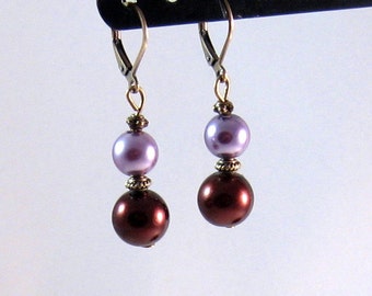 Purple & Dark Brown Pearl Antique Brass Earrings, Purple Jewelry, Lavender Jewelry, Brown Jewelry, Bridesmaids Jewelry, Fashion