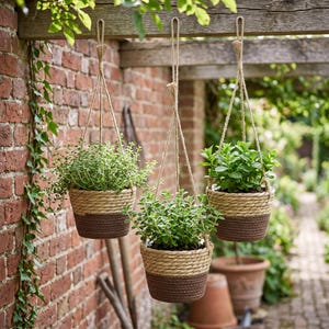 May include: Three hanging planters made of two-toned woven rope, featuring a natural tan upper section and a dark brown lower section. Each planter is suspended by three jute cords and contains a lush green plant with small leaves.