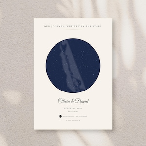 Puede incluir: Una impresión rectangular sobre fondo crema con un mapa estelar circular azul oscuro. El texto dice: OUR JOURNEY, WRITTEN IN THE STARS, Olivia & David, AUGUST 24, 2019, SANTORINI, WAXING CRESCENT 38% ILLUMINATED y las coordenadas 36.3932 N, 25.4615 E.