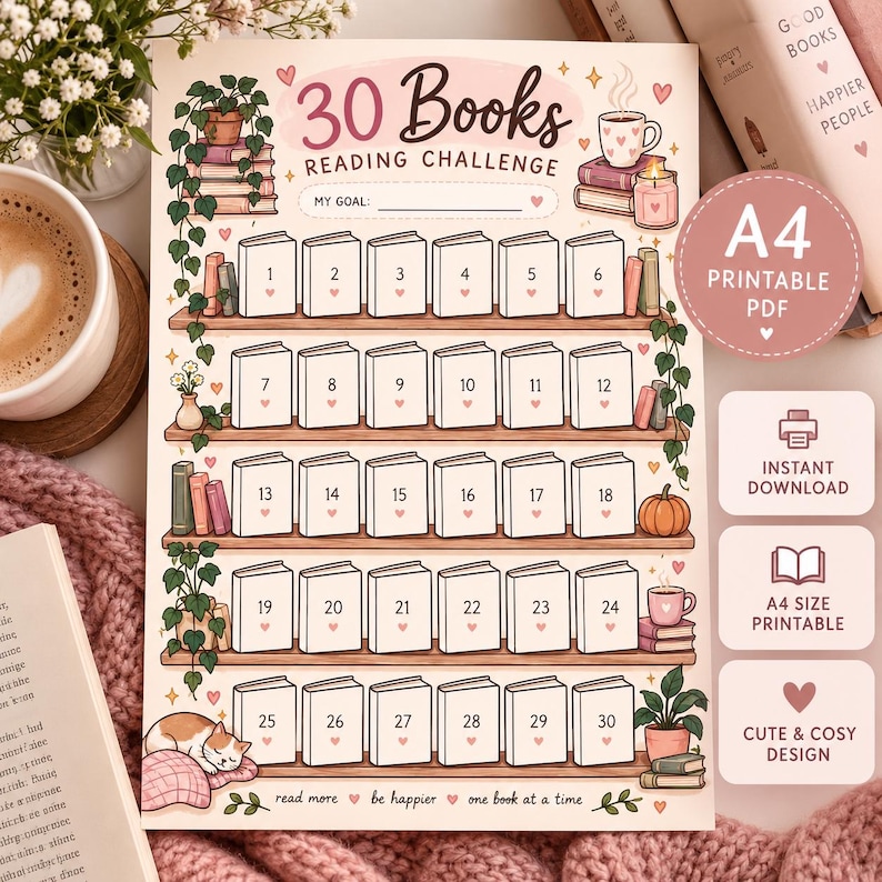 30 Book Reading Challenge Tracker | Cozy Bookshelf Design (A4 PDF) - Etsy