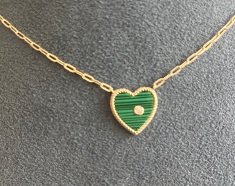 malachite Heart 3/4 sized Pave heart charm  , diamond malachite charm  . Best Seller One Charm• green heart- paperclip chain