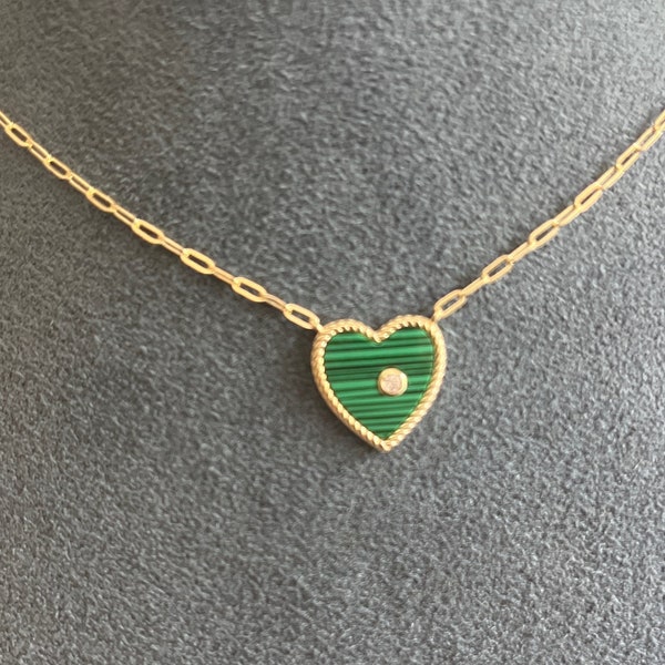 malachite Heart 3/4 sized Pave heart charm  , diamond malachite charm  . Best Seller One Charm• green heart- paperclip chain