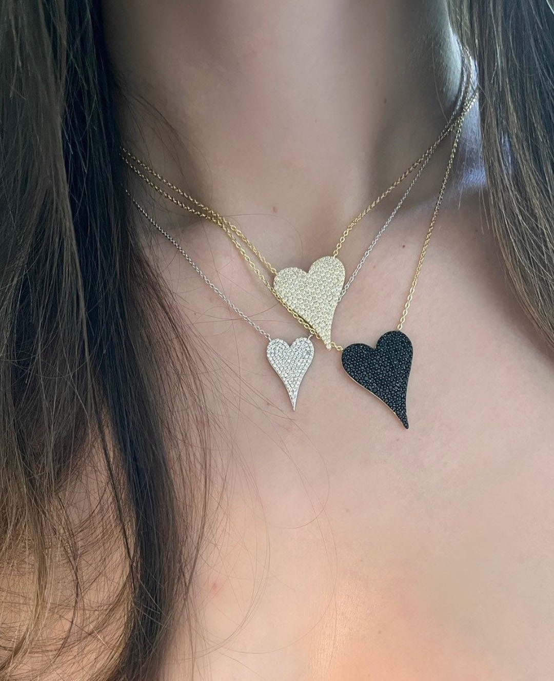 Large Pave Black Diamond Heart Necklace Heart Charm Pave