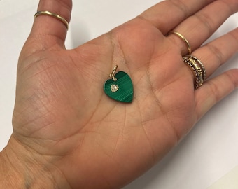 Green and diamond malachite heart • 20mm green diamond , diamond malachite charm  disc with diamond  • One Charm• green heart- 14k