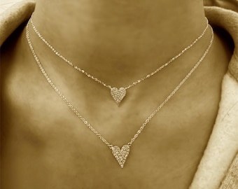Collier coeur pavé de diamants : or 14 carats ou argent, pendentif coeur cz