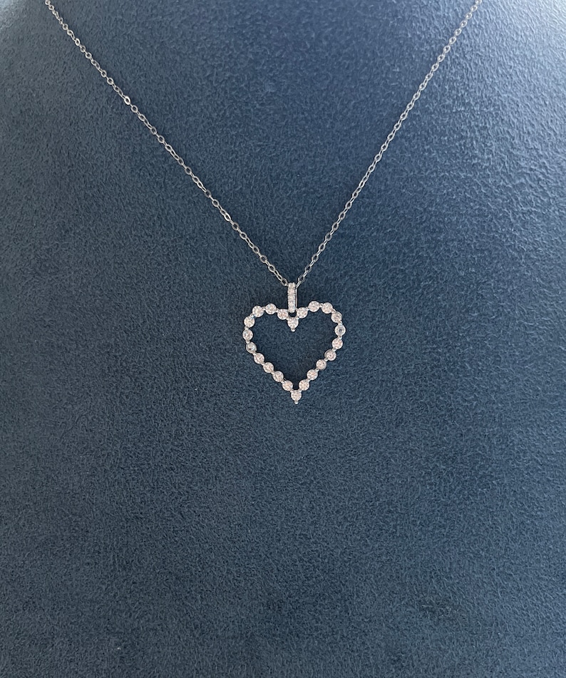 Large open Cz diamond heart necklace , open heart necklace 14k white gold over sterling silver. Cz 16-18 inch 5 Days Delivery image 5