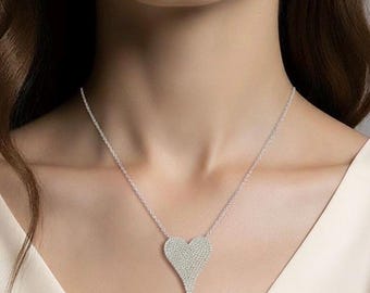 14k Gold Pave Diamond Heart Necklace - Sterling Silver Chain