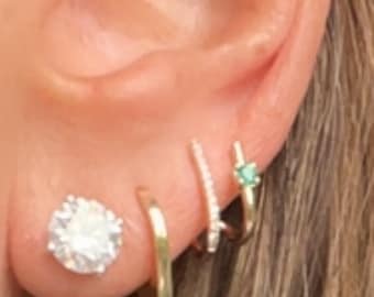 Emerald color - diamond earring - 14k - high fashion- huggie  earring - diamonds