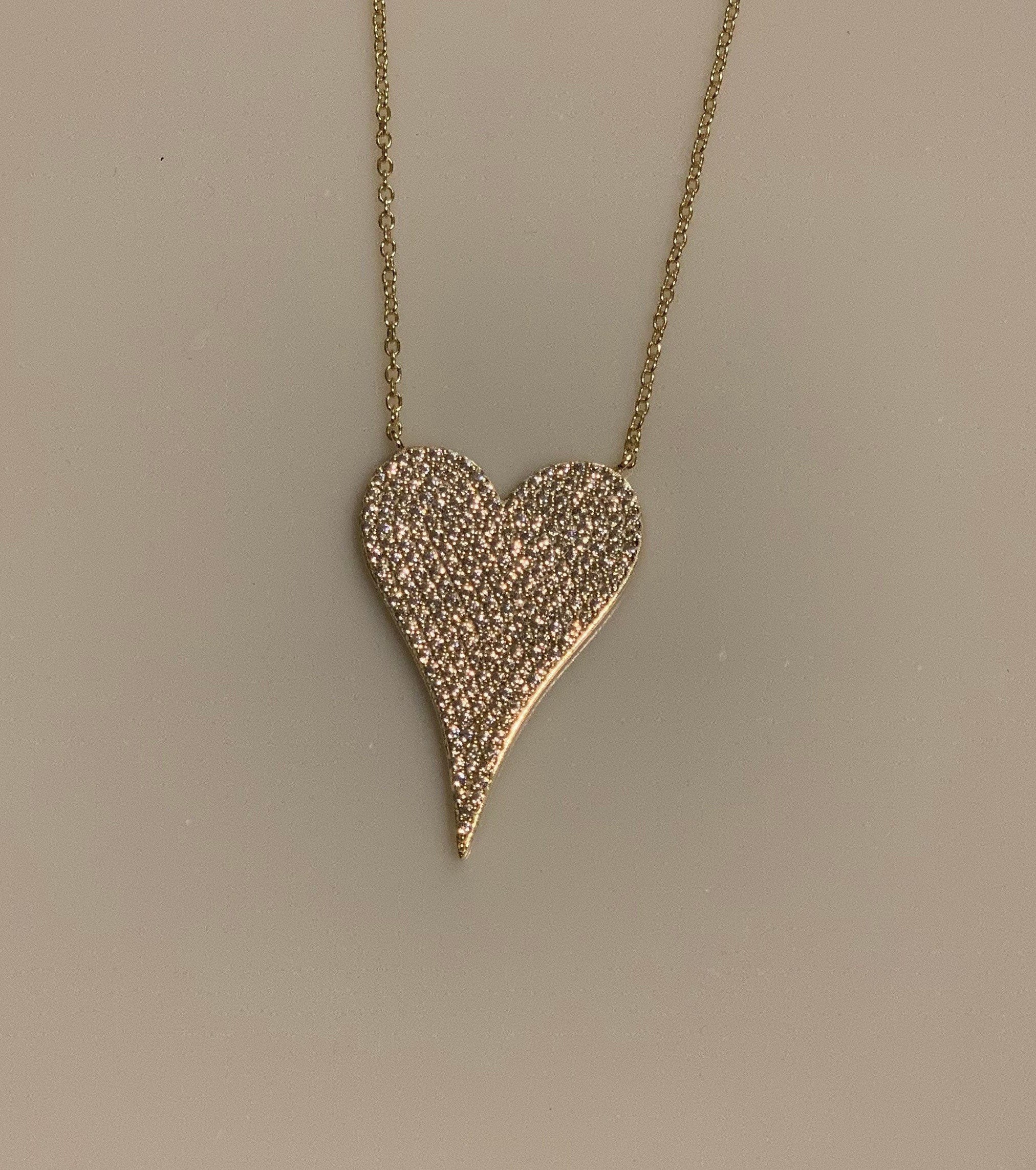 Pave Diamond Heart Necklace - Elongated Heart Necklace > 14k