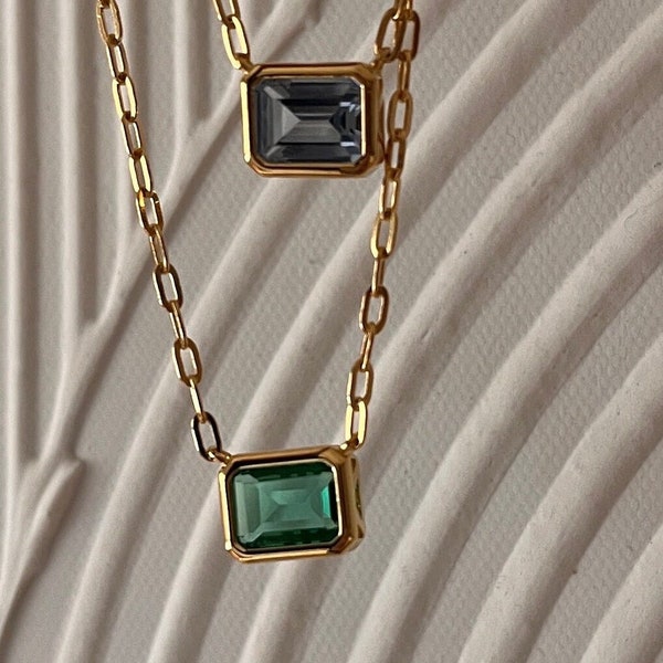 Emerald rectangle necklace Link Chain | Love Necklace | Green Gemstone | Water Safe | Statement necklace | Gift For Her