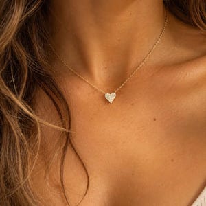 Pave Diamond Heart Necklace – 14k Gold, CZ heart - dainty heart - diamond heart - gold