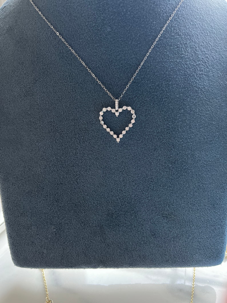 Large open Cz diamond heart necklace , open heart necklace 14k white gold over sterling silver. Cz 16-18 inch 5 Days Delivery image 1